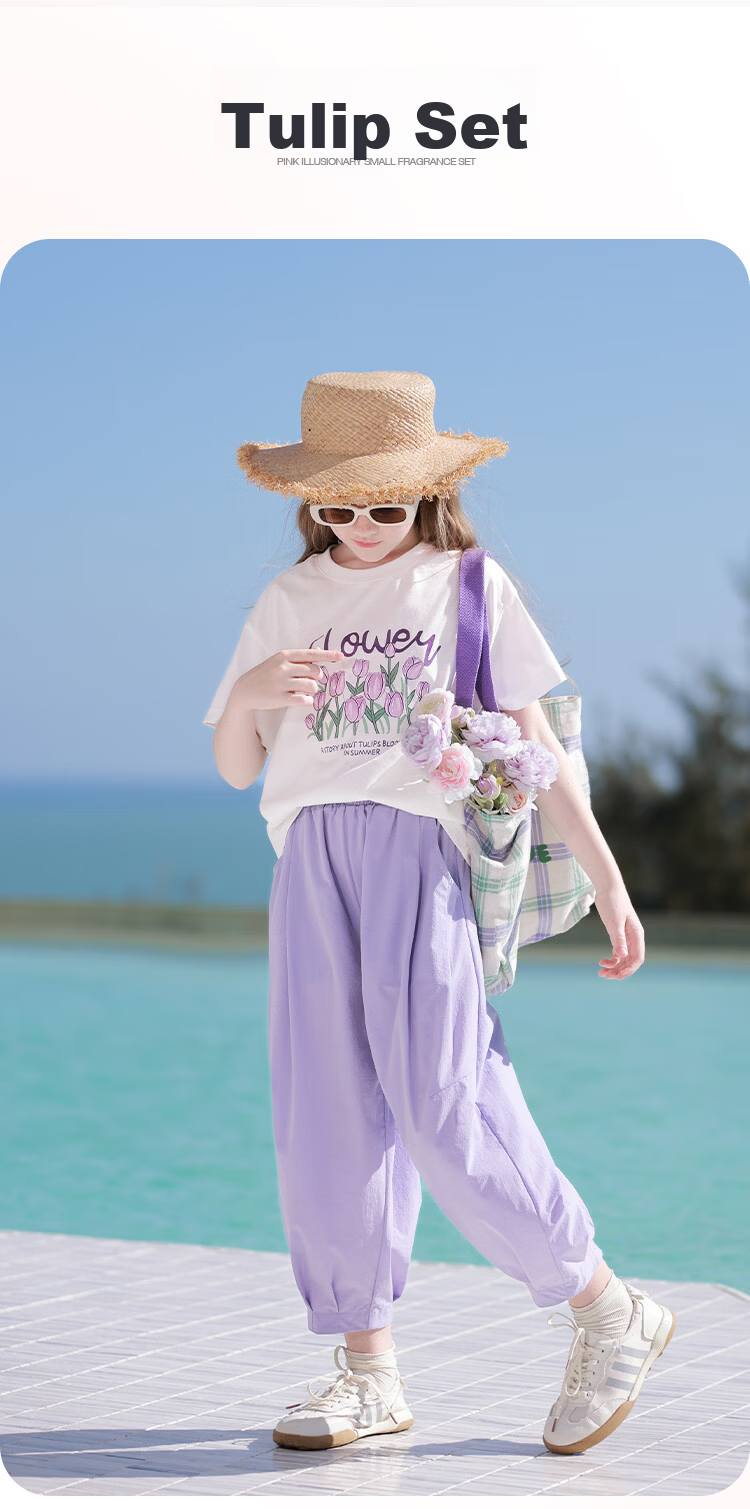 CHANZUIGOU Girls' Printed Summer Set 2026 - Trendy Children's Short Sleeve T-Shirt and Pants Sports Two-Piece Set 1